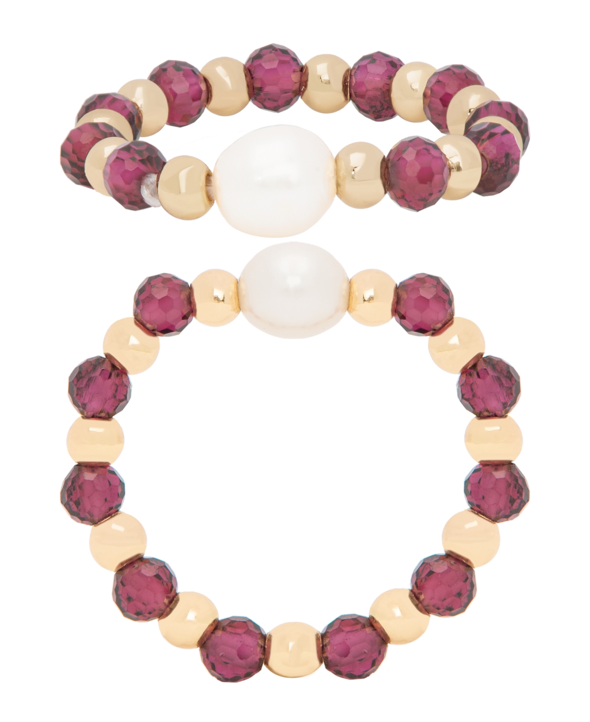 Macy's Gold Plated Simulated Garnet And Simulated Imitation Pearl Stretch Ring In Gold-plated