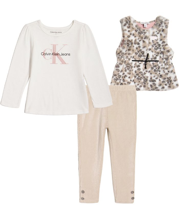 Calvin Klein Little Girls Faux Fur Vest, Monogram T-shirt and Ribbed Velour  Leggings, 3 Piece Set & Reviews - Sets & Outfits - Kids - Macy's