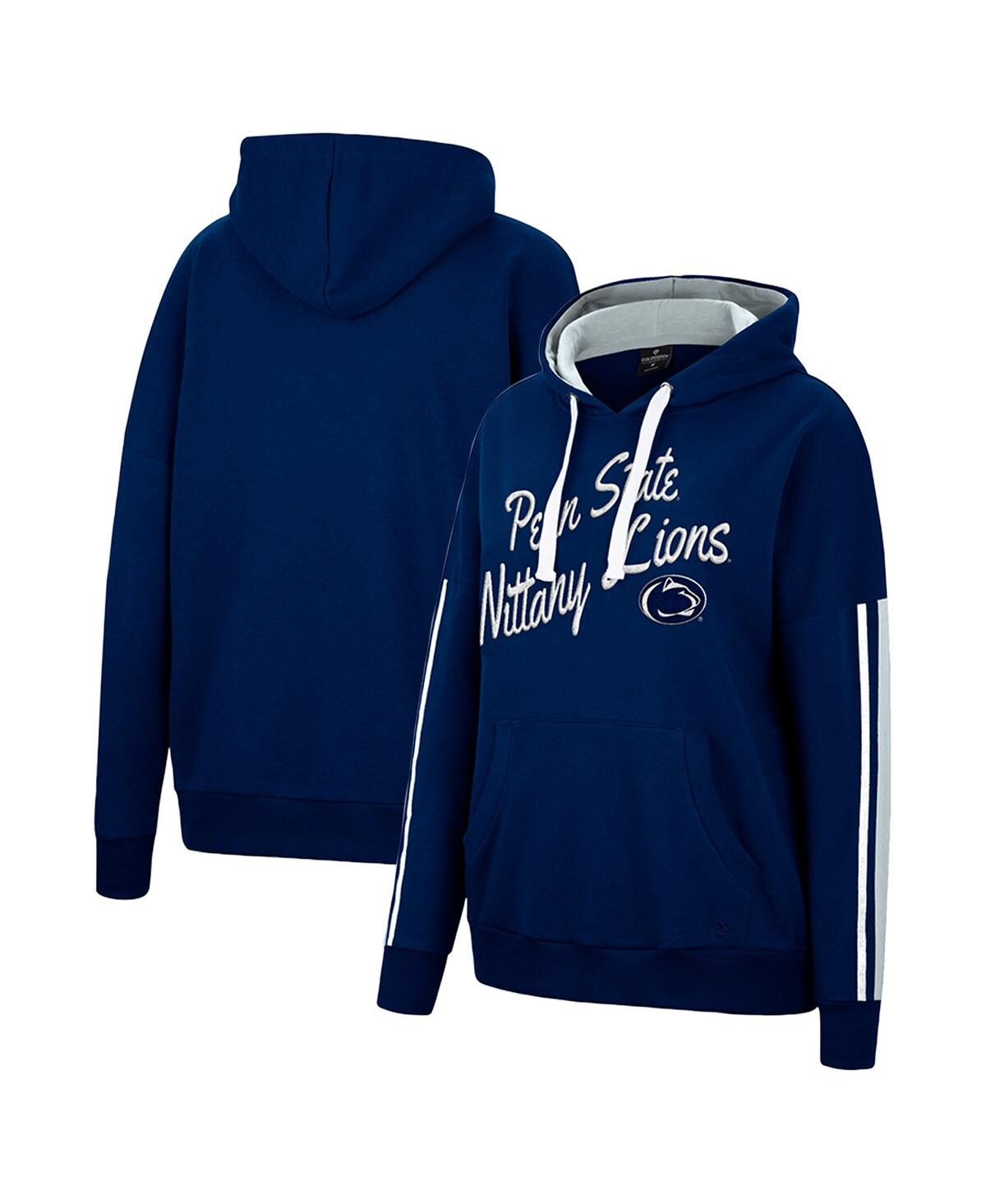 Colosseum Navy Penn State Nittany Lions Serena Oversized Sleeve Striping Pullover Hoodie In Navy