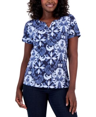 Karen Scott - Women's Fleur De Lis Printed Henley Top