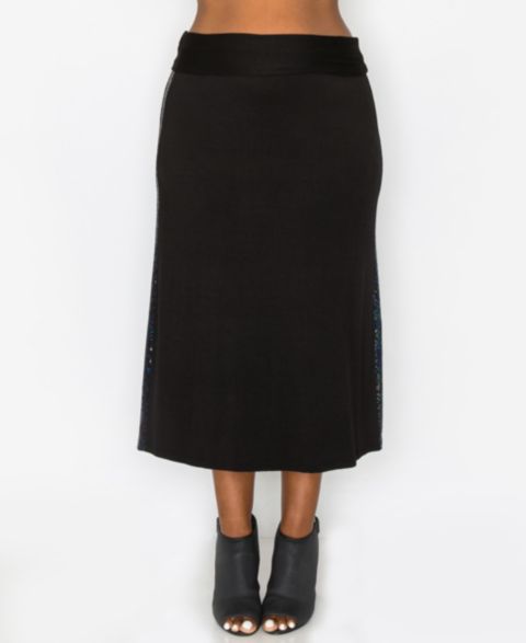 Женская юбка COIN 1804 Plus Size Sequin Side Contrast Fold Over Midi, цвет: Чёрный