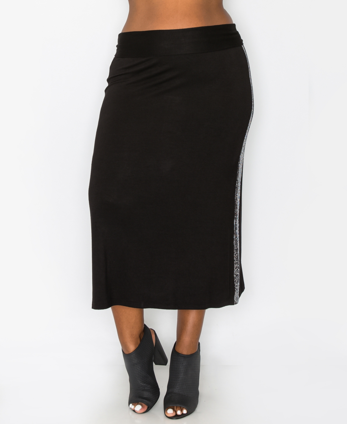Plus Size Sequin Side Contrast Fold Over Midi Skirt - Silver-Tone Black