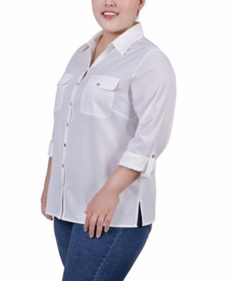 Plus Size 3/4 Roll Tab Blouse with Pockets