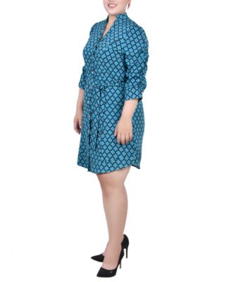 Plus Size 3/4 Rouched Sleeve Dress with Belt