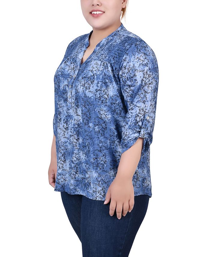 NY Collection Plus Size 3/4 Roll Tab Sleeve Smocked-Yoke Top - Macy's