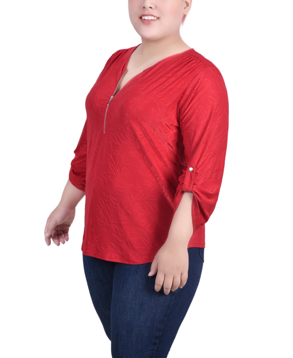 Ny Collection Plus 3/4 Roll Tab Zip Front Jacquard Knit Top
