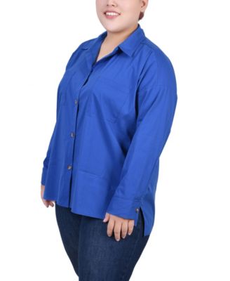 Plus Size Long Sleeve Blouse with Chest Pockets
