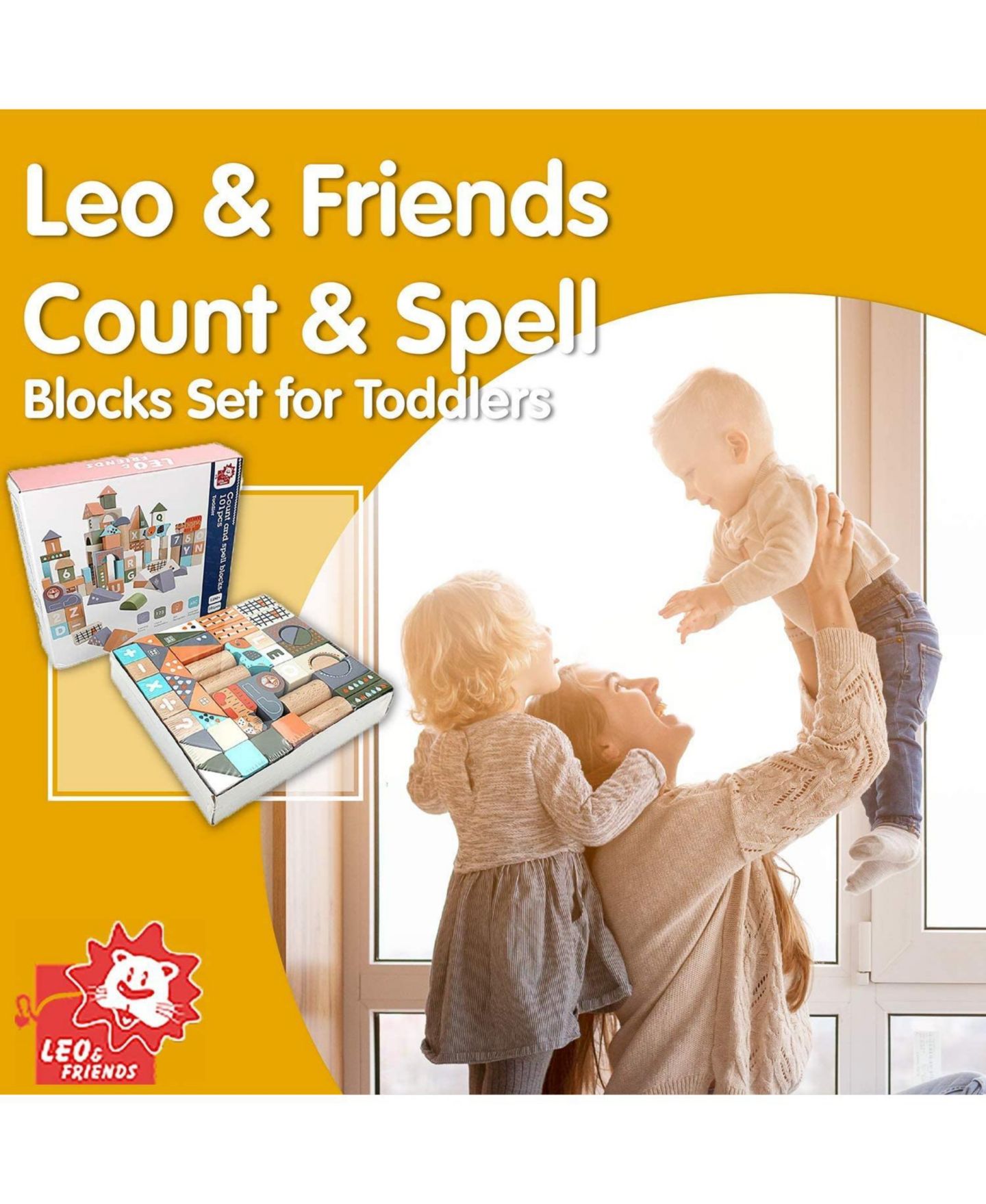 Детские конструкторы Leo & Friends Count & Spell Alphabet 101-Piece Wooden Blocks Set, Ages 1+, цвет: Разноцветный — фото 2