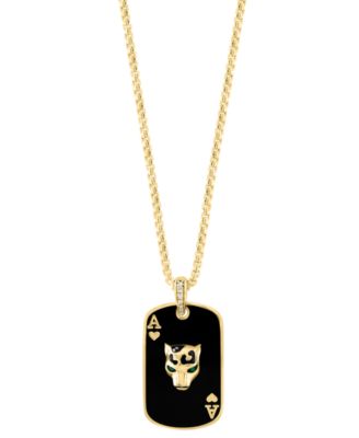 EFFY&reg; Men's Emerald Accent, & Diamond (1/6 ct. t.w.) Black Enamel Panther Playing Card 22" Pendant Necklace in 14k Gold