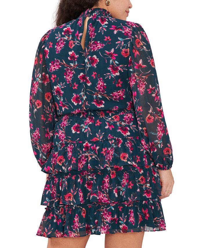 MSK Plus Size Floral-Print Smocked Mock Neck Tiered Dress - Macy's