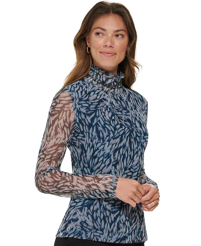 DKNY Women's Printed Mock Turtleneck Mesh Sleeve Top - Macy's