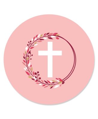 Pink Elegant Cross - Girl Religious Party Circle Sticker Labels - 24 ...