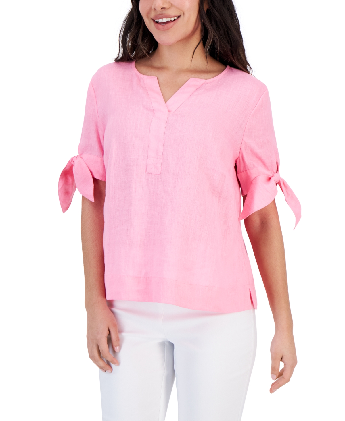 Charter Club Petite Linen Split-neck Top, Created For Macy's In Peony |  ModeSens