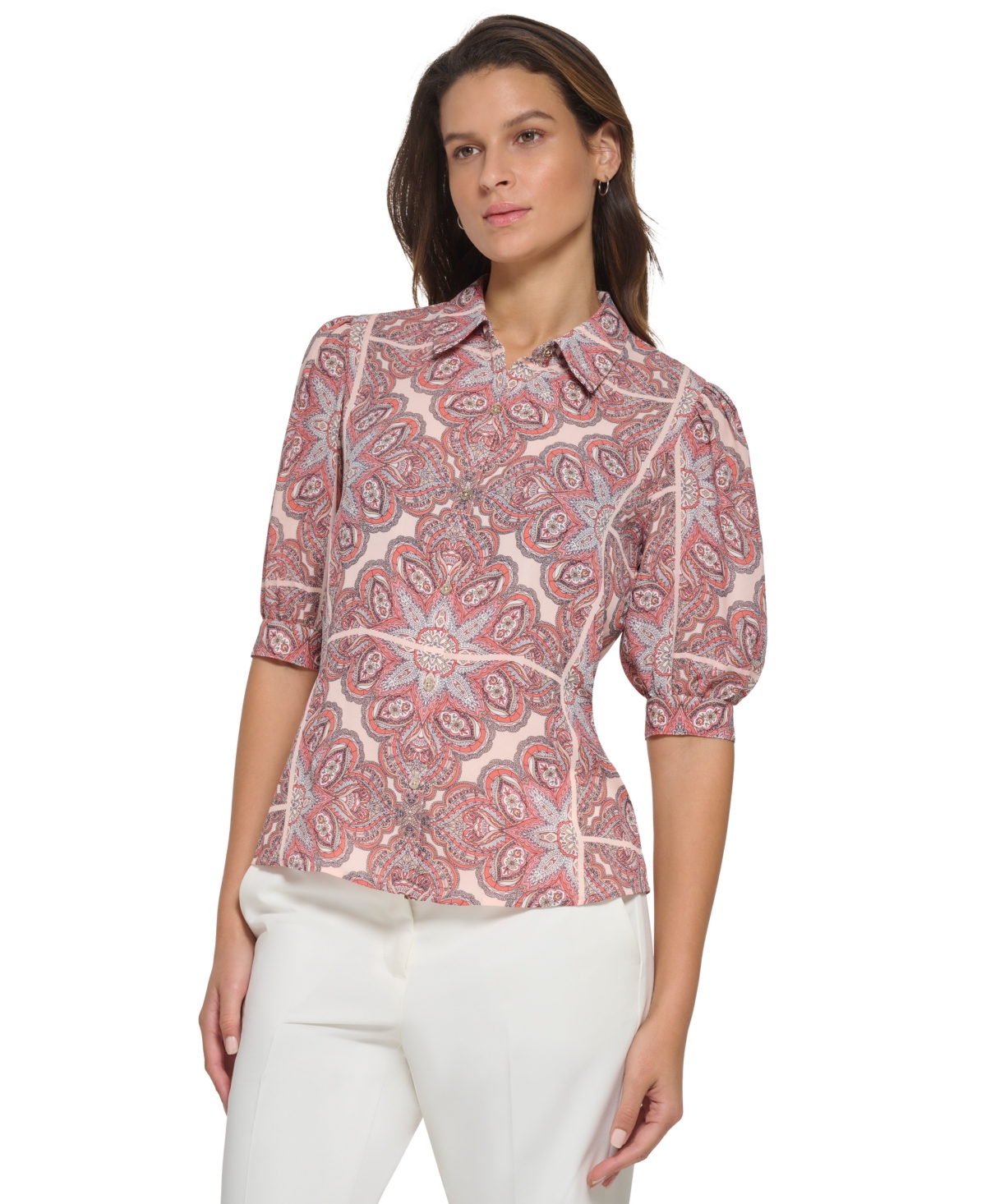 Tommy Hilfiger Women's Puffsleeve Buttonup Blouse In Powder Multi