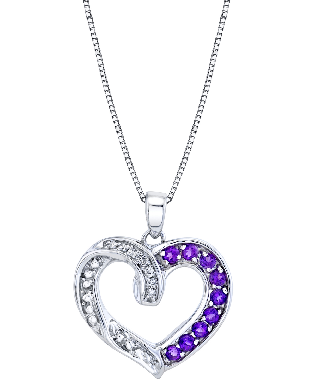 Macy's Amethyst (1/2 Ct. T.w.) & Diamond (1/20 Ct. T.w.) Heart 18" Pendant Necklace In Sterling Silver