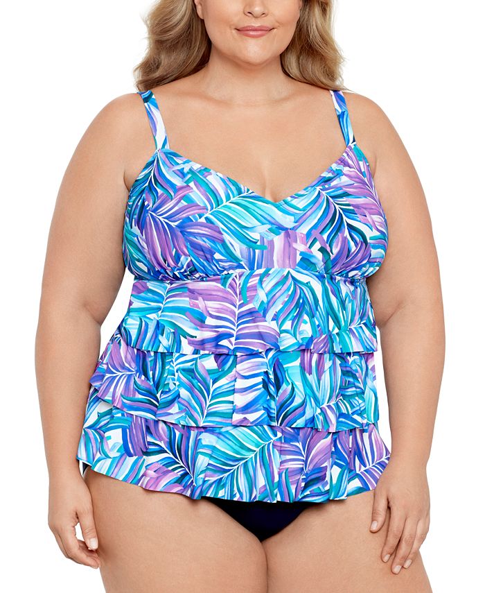 Swim Solutions Plus Size Tummy Control Printed Fauxkini One-Piece Swimsuit,  Created for Macy's - Macy's