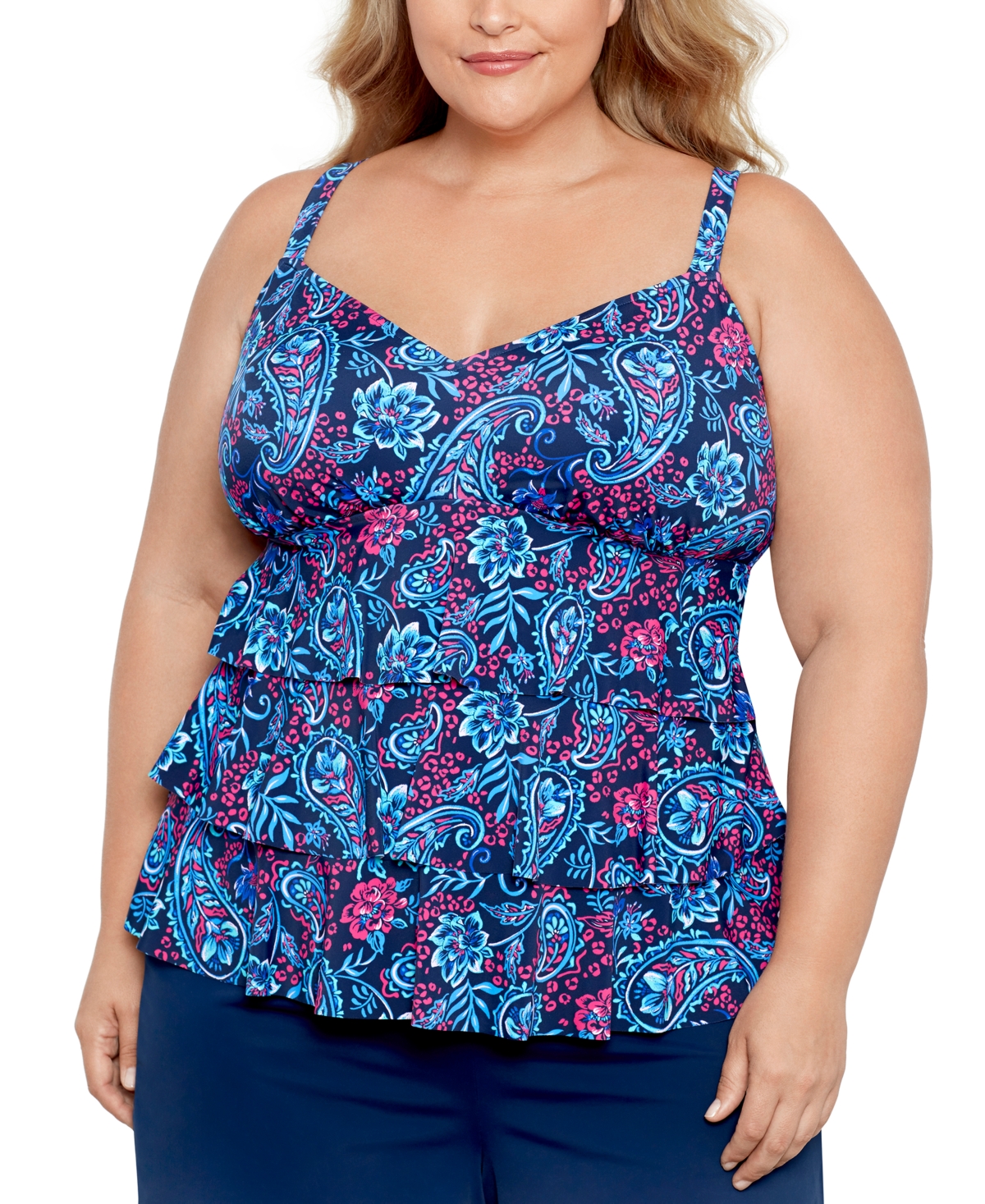 Plus Size Triple Tier Printed Tankini Top, Created for Macy's - Spring Fling