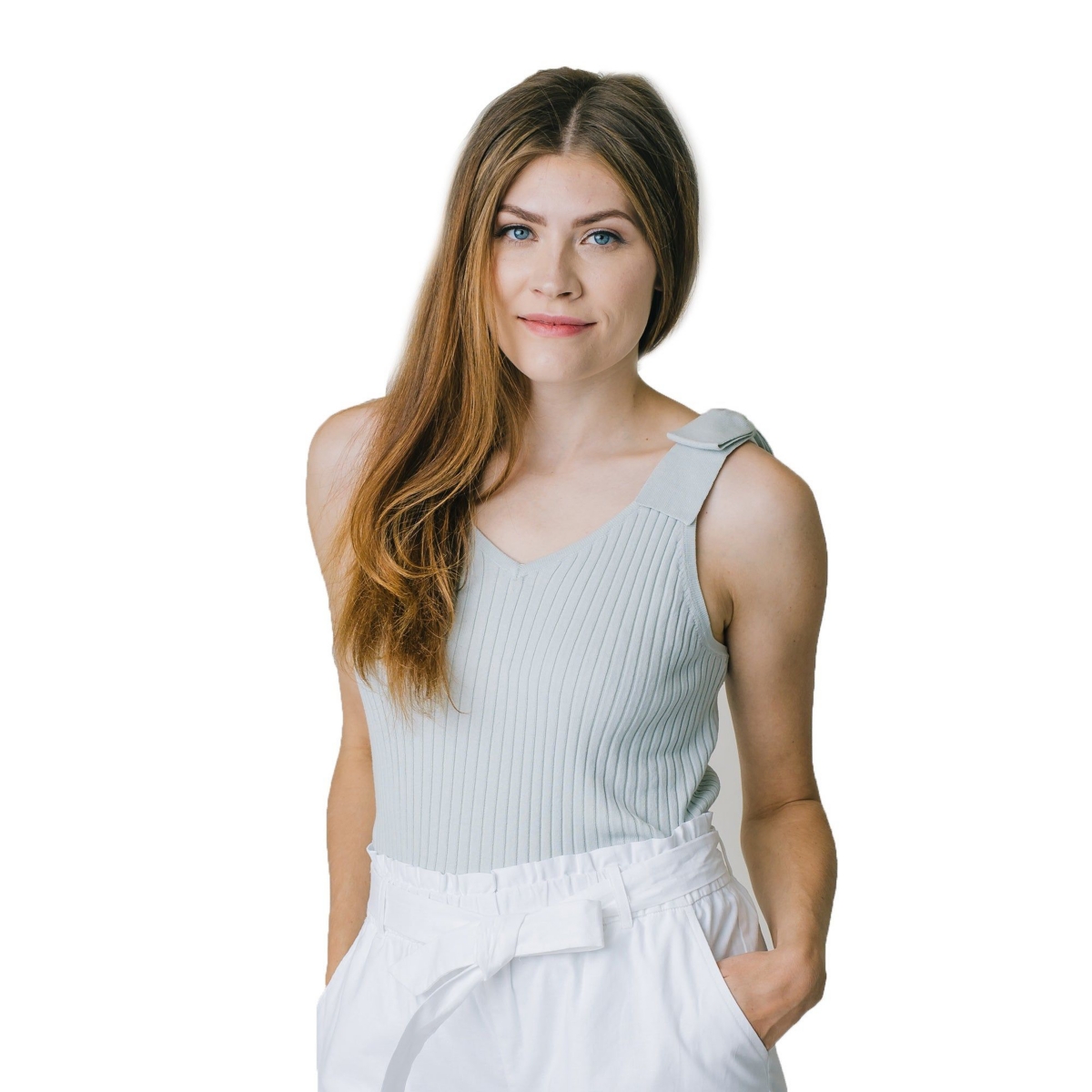 Women's V-Neck Rib Knit Tank with Bow - Black