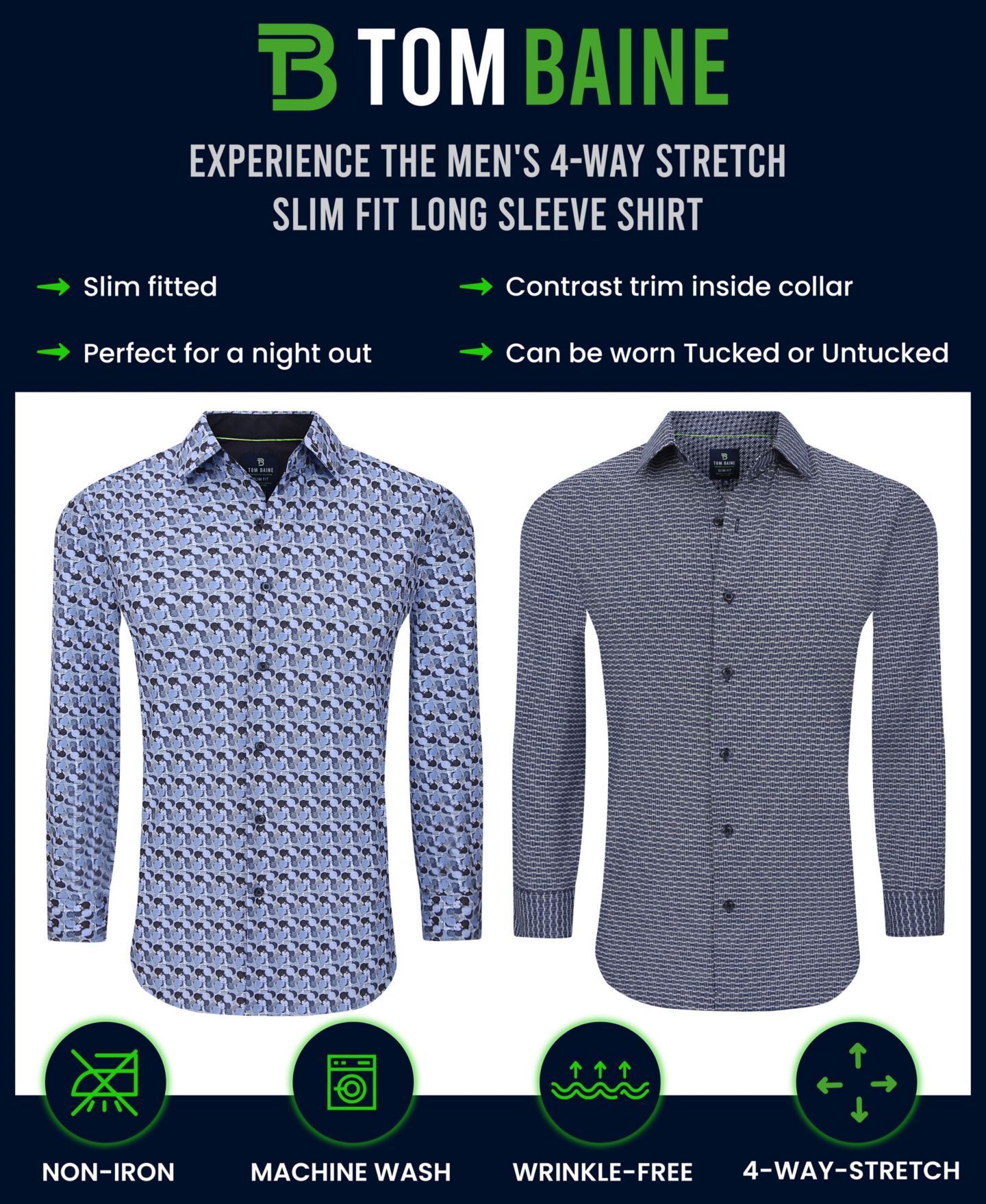 Мужская рубашка Tom Baine Slim Fit Performance Long Sleeve Geometric Button Down Dress Shirt, цвет: Чёрный — фото 4