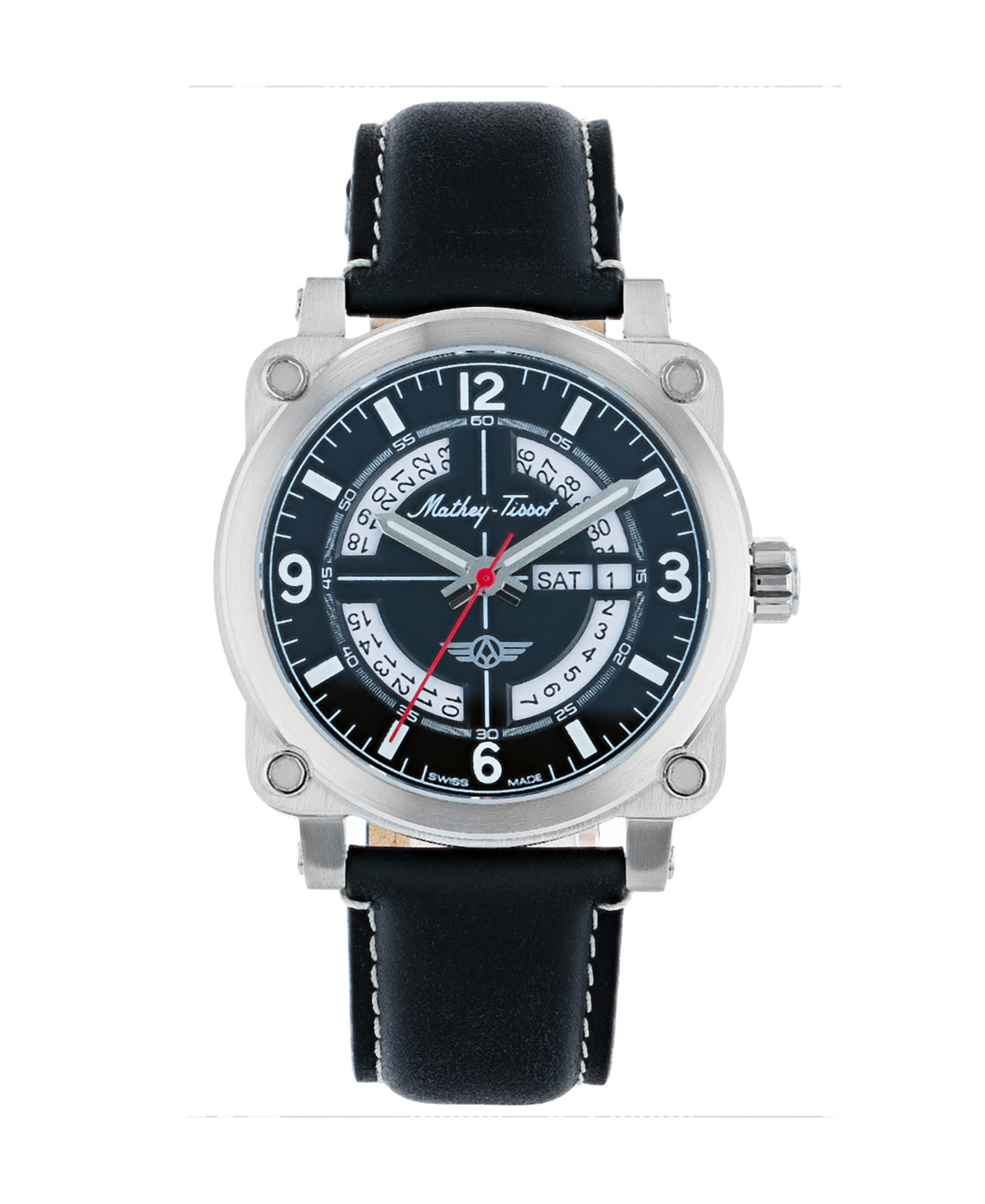 Men's Pilot Collection Three Hand Date Black Genuine Leather Strap Watch, 43mm - Black