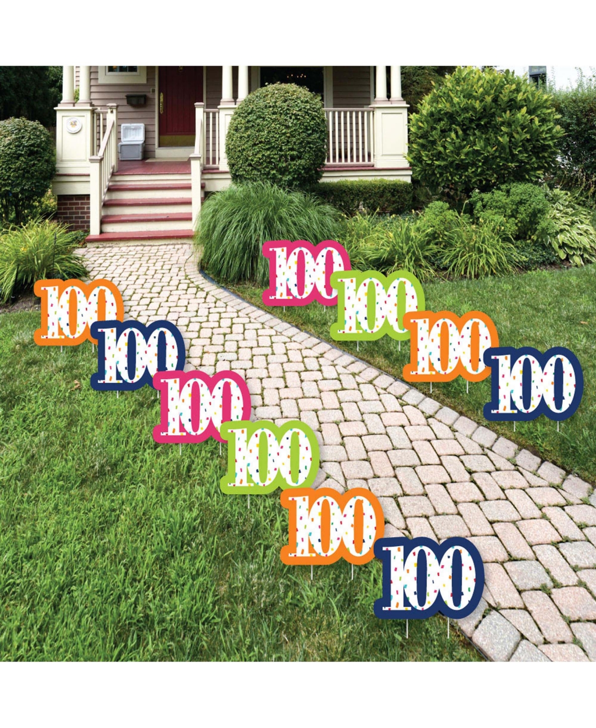 100th Birthday - Cheerful Happy Birthday - Lawn Decor- Outdoor Yard Decor 10 Pc
