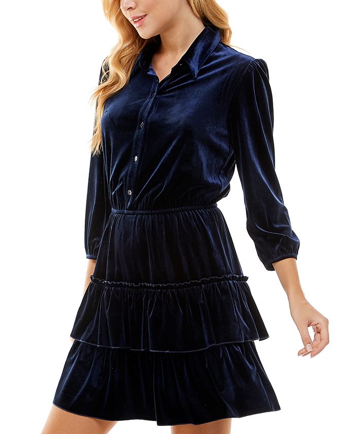 Girls V-Neck Tie Up Gathered Ruffled Velvet Fit Flare Dress