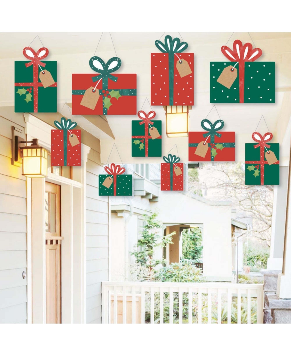 Hanging Happy Holiday Presents - Outdoor Christmas Porch Tree Yard Decor 10 Pc