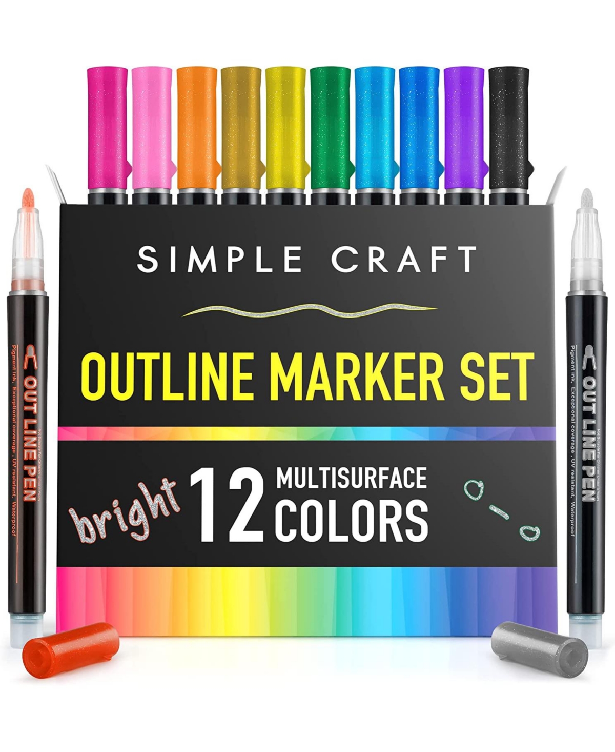 12 Pieces Dual Colored Outline Pens - Self-Outline Metallic Markers - Assorted Pre-pack