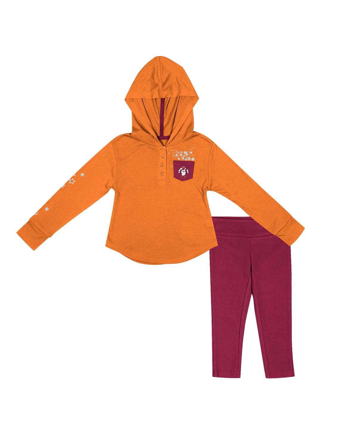 Colosseum Babies' Toddler Girls  Orange, Maroon Virginia Tech Hokies Most Delightful Way Long Sleeve Hoodie T In Orange,maroon