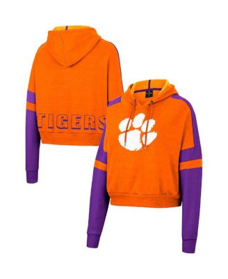 Women's Orange Clemson Tigers Throwback Stripe Arch Logo Cropped Pullover Hoodie