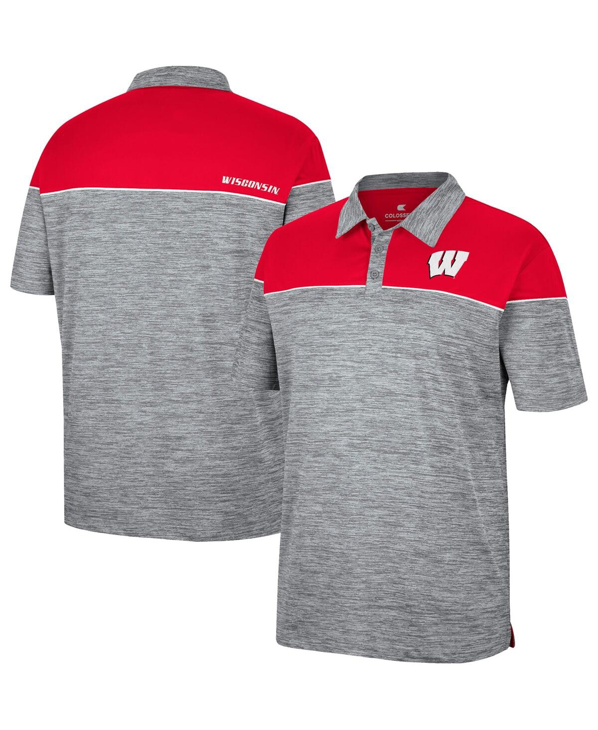 Men's Colosseum Heathered Gray, Red Wisconsin Badgers Birdie Polo Shirt