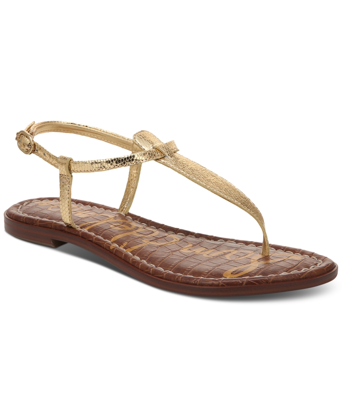 Shop Sam Edelman Women's Gigi T-strap Flat Sandals In Amber Gold Metallic