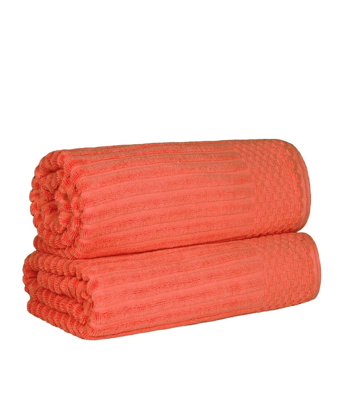 Superior Cotton Highly Absorbent Solid And Checkered Border Bath Sheet Set In Coral