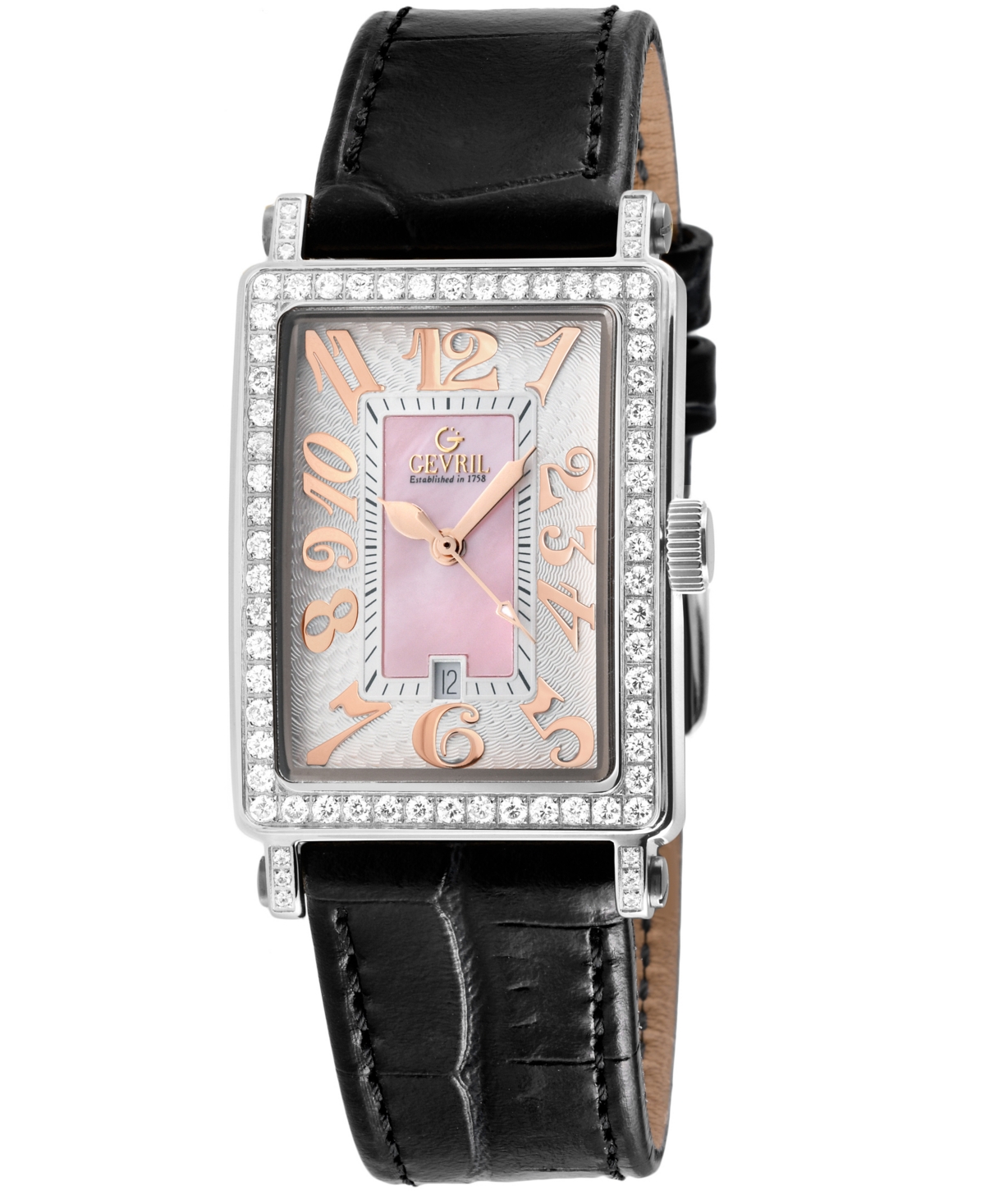 Gevril Women's Avenue of Americas Mini Swiss Quartz Diamond Accents Black Italian Leather Strap Watch 32 x 25mm