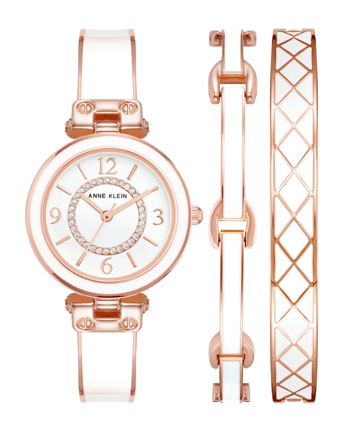 Anne Klein Women's Rose Gold-tone Alloy Bangle With White Enamel And Crystal Accents Fashion Watch 33mm Set 3 P In Rose Gold-tone,white
