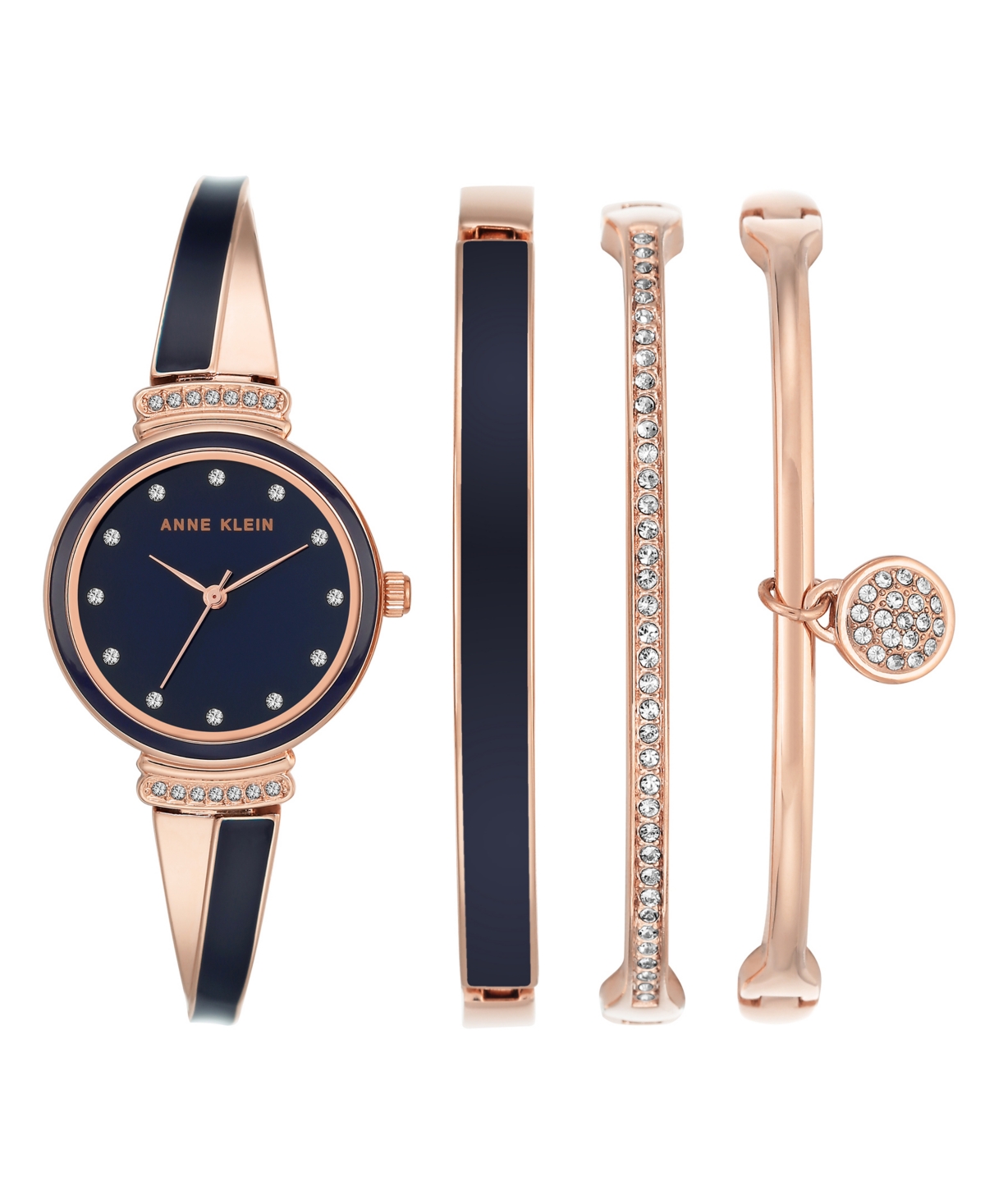Anne Klein Women's Rose Gold-tone Alloy Bangle With Navy Enamel And Crystal Accents Fashion Watch 33.5mm Set 4 In Rose Gold-tone,navy