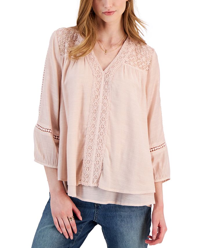 Style & Co Women's 3/4Sleeve Embroidered Lace Top, Created for Macy's