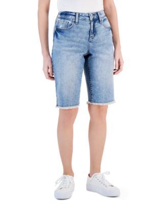 Style Co Petite Mid-Rise Frayed Denim Bermuda Shorts, Created
