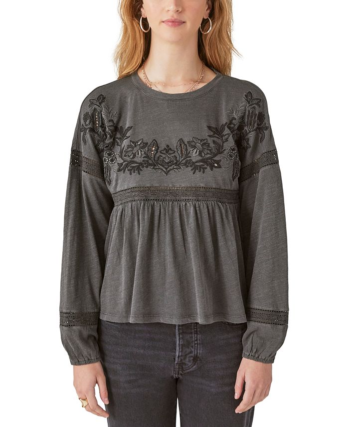 Lucky Brand Women's Embroidered Lace-Trim Babydoll Knit Top - Macy's