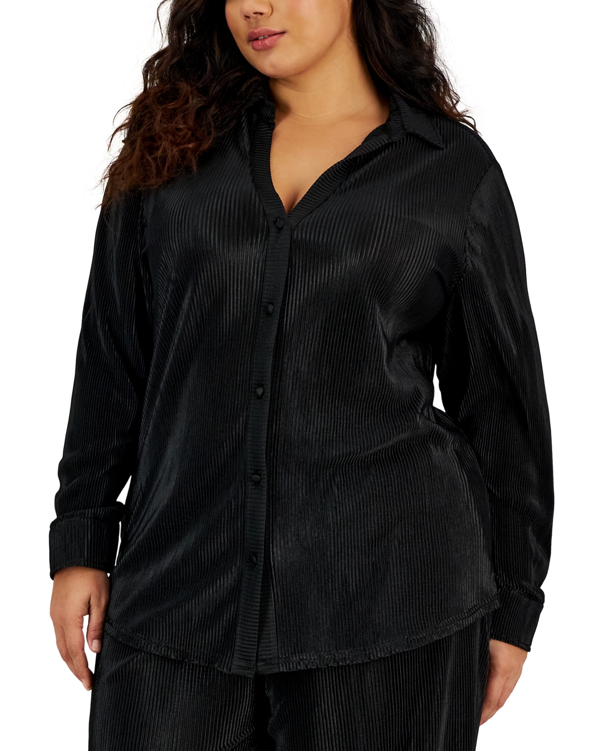 Full Circle Trends Trendy Plus Size Micro-Pleat Button-Front Top