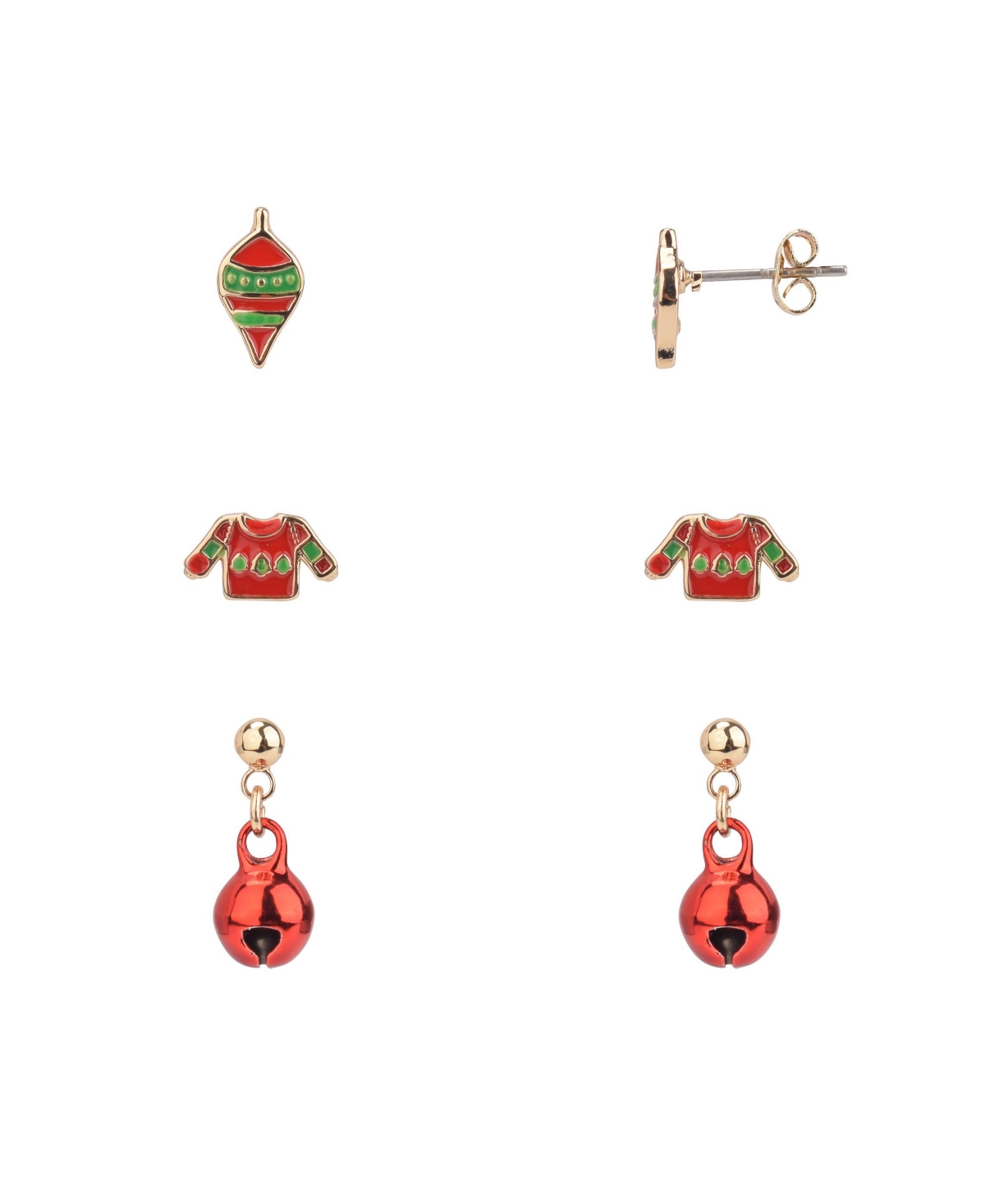 Fao Schwarz Ugly Sweater, Ornament And Jingle Ball Trio Earring Set, 6 Pieces In Gold