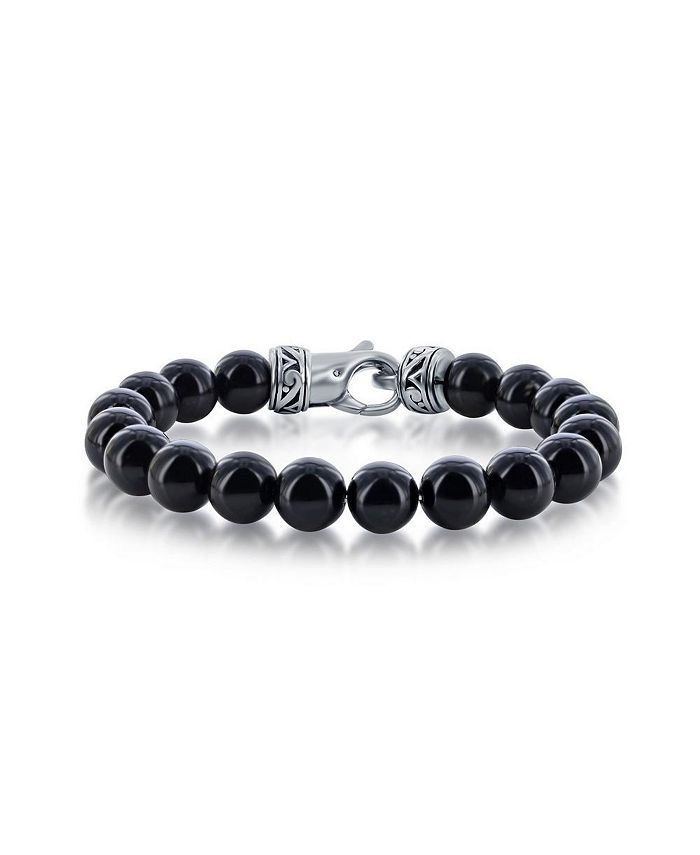 Blackjack Mens Stainless Steel 10mm Genuine Onyx Bead Stone Bracelet