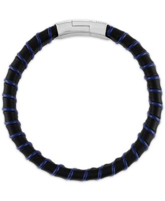 Woven Black & Blue Leather Bracelet in Sterling Silver, Created for Macy's