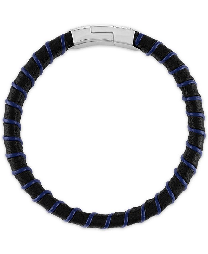 Esquire Men's Jewelry Woven Black & Blue Leather Bracelet in Sterling