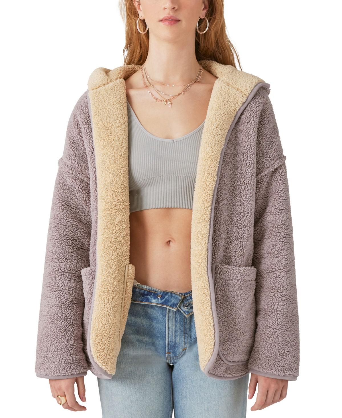 Shop Lucky Brand Reversible Hi-pile Hooded Sherpa Cardigan Sweater In Satellite