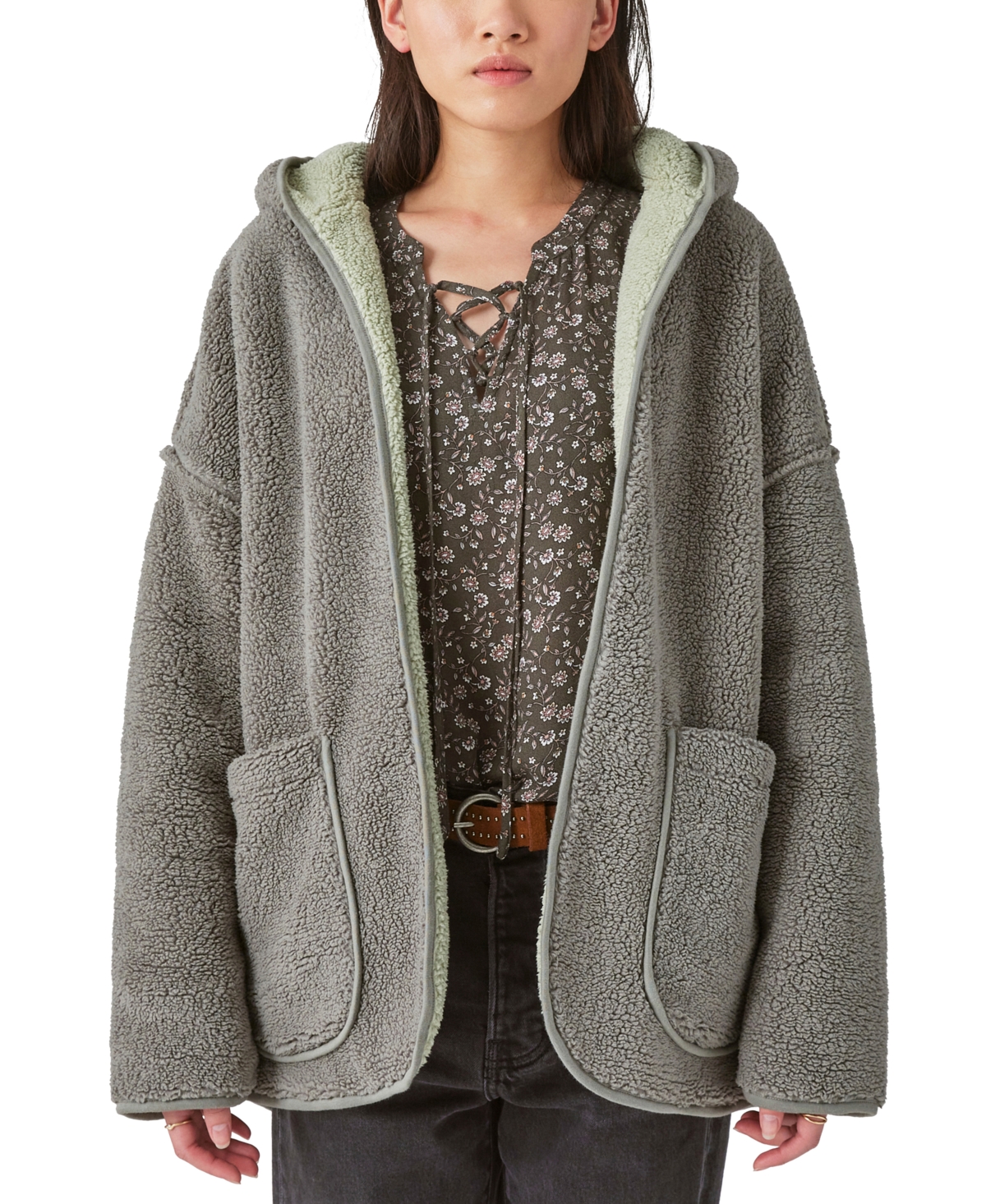 Shop Lucky Brand Reversible Hi-pile Hooded Sherpa Cardigan Sweater In Balsam Green