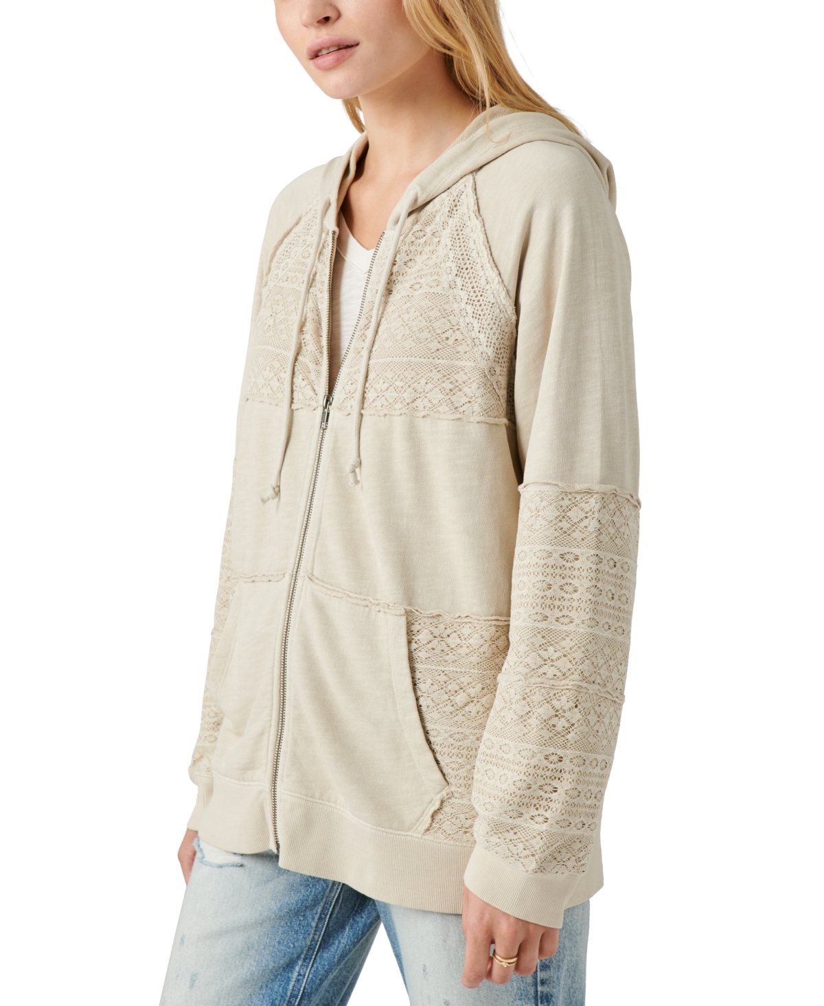 Lucky Brand Cotton Lace Panel Zip Up Hoodie Sweatshirt