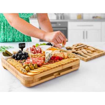 Premium Bamboo Cheese Board Deluxe Set with 4 Piece Knife Set