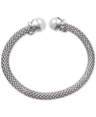 2-Pc. Set Cultured Freshwater Pearl (8 1/4 - 8 1/2mm) & Onyx Popcorn Cuff Bangle Bracelets in Sterling Silver
