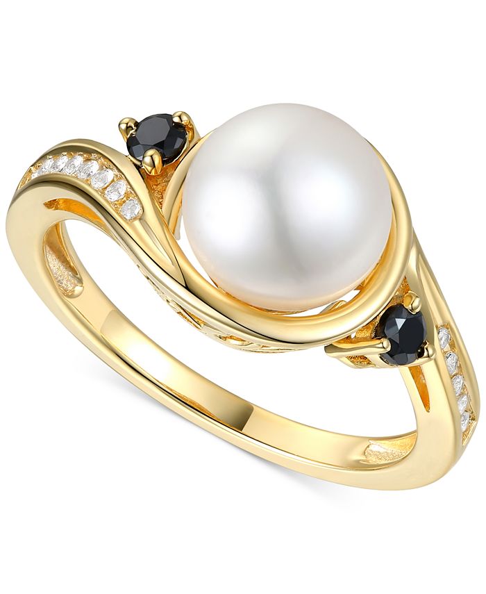 Macy's Cultured Freshwater Pearl (8mm), Onyx, & Diamond (1/20 ct. t.w.) Ring in 10k Gold - Macy's